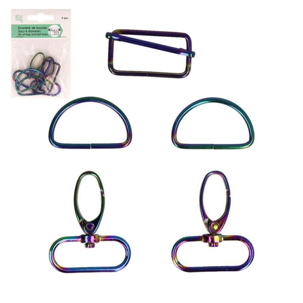 Taschenbeschlag-Set in bunt schillernder Regenbogen-Optik, 5 Teile